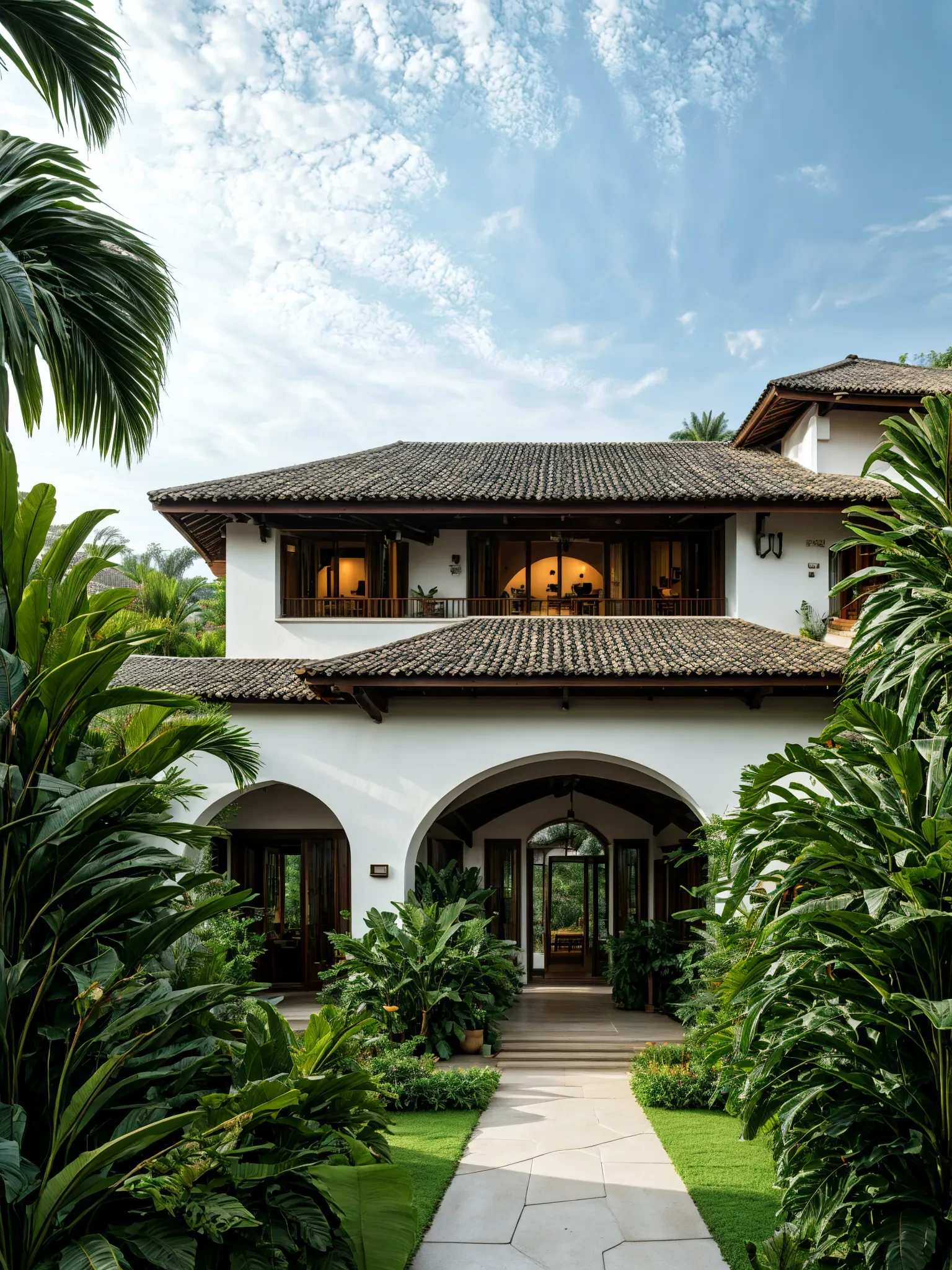photography, tropical villa, white stucco walls, gable tiled roof, wood column supports, upper level balcony, lush greenery, potted plants, open veranda, overcast sky, wide shot, natural daylight <lora:AIDVN_TropicalHouse_v1:0.6>