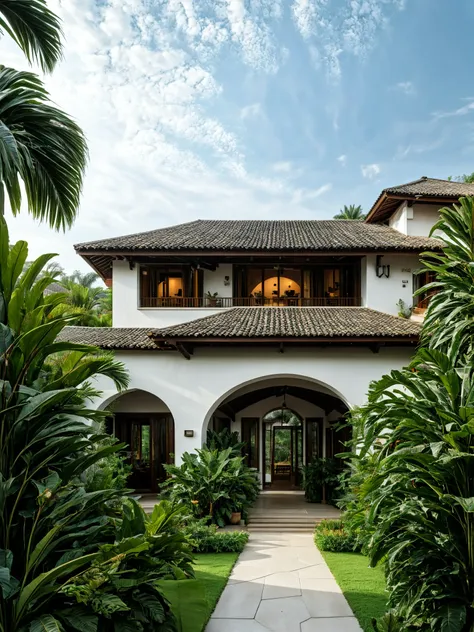 photography, tropical villa, white stucco walls, gable tiled roof, wood column supports, upper level balcony, lush greenery, potted plants, open veranda, overcast sky, wide shot, natural daylight   <lora:AIDVN_TropicalHouse_v1:0.6>