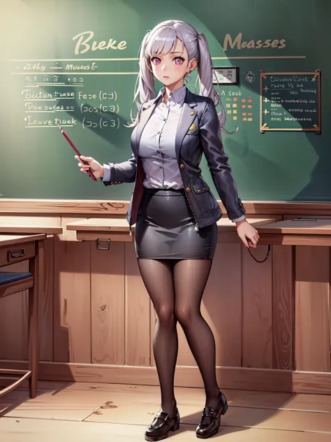 (masterpiece:1.2, best quality:1.1, highres,absurdres, high quality),(photorealistic:1.1),reflected light, colorful,ultra-detailed,8k, ultra hd, super detailed,
noelle, silver hair, long hair, twintails, pink eyes, BREAK black pencil skirt,pantyhose, jacket, white shirt, teacher, classroom,standing,hold chalk, chalkboard on background, math formula, full body,
<lora:NoelleV1:0.7> <lora:GoodHands-beta2:1> <lora:detail_slider_v4:1>