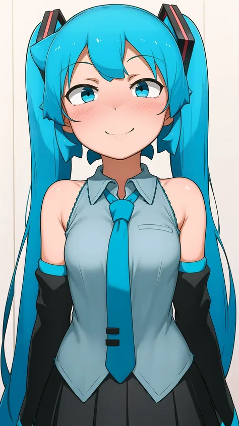 (masterpiece, best quality:1.2), (1girl:1.12), Hatsune Miku, twintales, very long hair, surprised, necktie, skirt, detached sleeves, cute, looking at viewer, standing, indoors, museum, day, (blush:1.06), (smirk, smile:1.04), solo, blue hair, astonishing