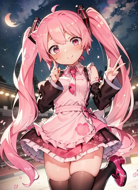 ((best quality)), ((highly detailed)), absurdres, (detailed eyes, deep eyes), (1girl), dynamic pose, upper body, <lora:HatsuneMikuSakura:1> Hatsune Miku, Cherry Blossom Miku, very long hair, (pink hair, pink eyes), smiling, waitress, pink apron, frilled apron, layered dress, puffy sleeves, thighhighs, (striped thighhighs), shoes, black footwear, cherry blossom print, cherry, cherry blossoms, (outdoors, at a stadium, evening, night sky, stars, lunar eclipse, shooting star), <lora:Abmayo_v3:.8>