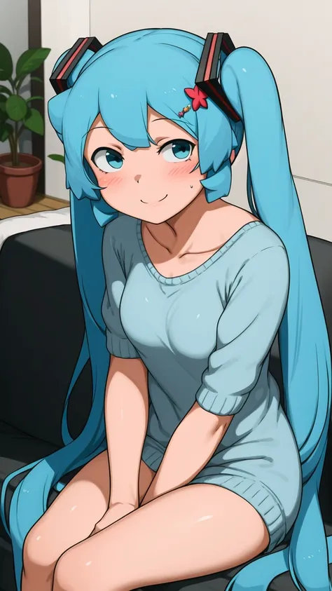 (masterpiece, best quality:1.1), 1girl, solo, hatsune miku, twintales, very long hair, relaxed, smile, hair ornament, cute, looking at viewer, sitting, indoors, living room, day, wearing a casual outfit, knitting