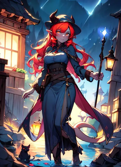 ((best quality)), ((highly detailed)), masterpiece, absurdres, extremely detailed face, beautiful face, (detailed eyes, deep eyes), <lora:more_details:.3>, (1girl), from the front, full body, (((very wide shot))), <lora:Tiefling_v1:1>, tiefling, long hair, orange hair, purple eyes, ((glowing eyes)), demon horns, tail, pointy ears, large breasts, smiling, , adventurer, ð§ââï¸:1.3, witch hat, holding staff:1.3, holding magic book:1.3, (outside, at a pond, partially submerged, evening, night sky, stars, multiple moons, shooting star), <lora:Abmayo_v2:.9>