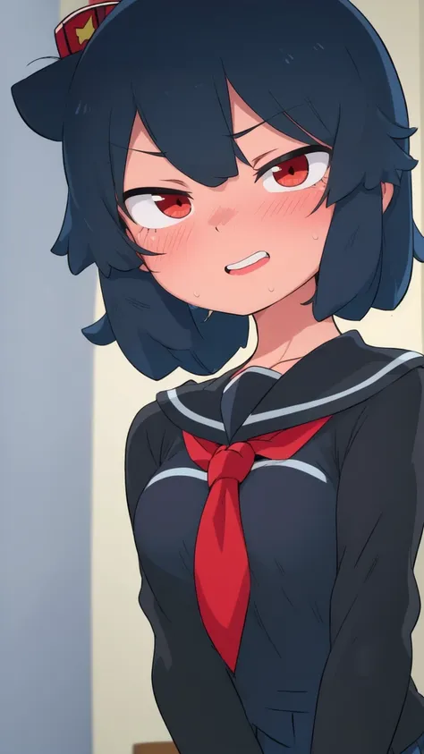 (masterpiece, best quality:1.2), 1girl, solo, (ryuko matoi:1.1), from kill la kill, fair skin, short black hair with a red tint, black and red sailor uniform, red eyes