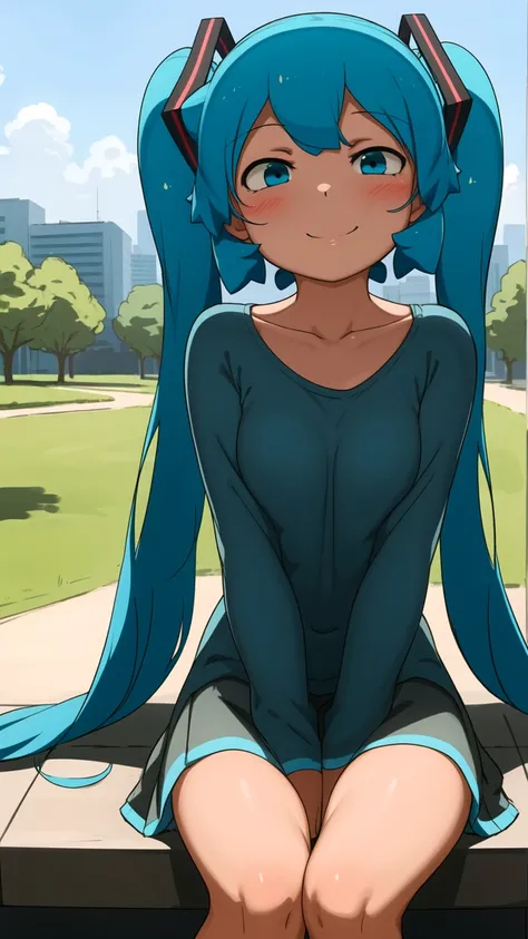 (masterpiece, best quality:1.1), 1girl, solo, Hatsune Miku, twintales, very long hair, serene, smile, cute, looking at viewer, sitting, outdoors, park, day, wearing a casual outfit, sketching a landscape
