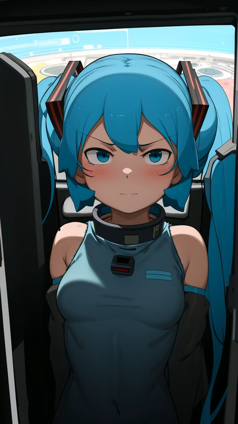 (masterpiece, best quality:1.1), 1girl, solo, Hatsune Miku, twintales, very long hair, serious, astronaut suit, cute, looking at viewer, floating, indoors, space station, day