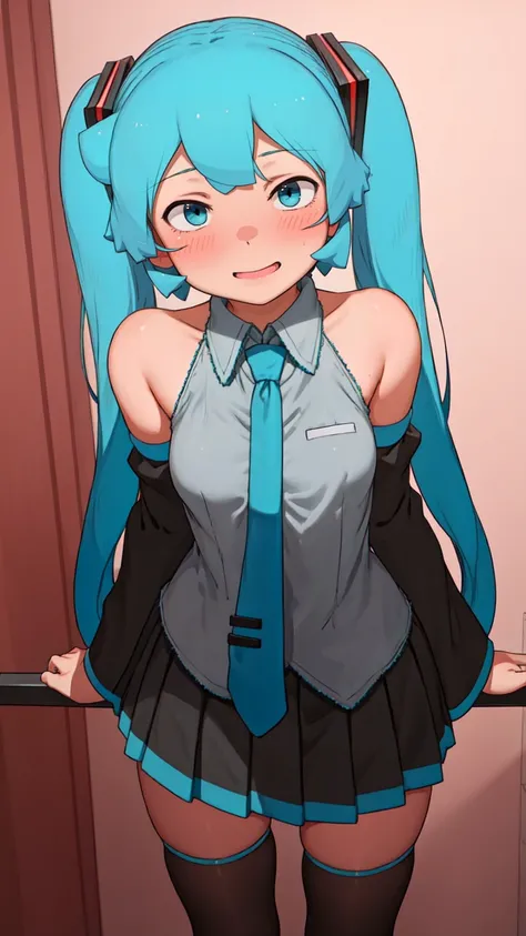 (masterpiece, best quality:1.1), (1girl:1.1), Hatsune Miku, twintales, very long hair, surprised, grey shirt, skirt, detached sleeves, necktie, cute, looking at viewer, standing, indoors, bedroom, day, playing a video game, smirk, smile, blush, solo