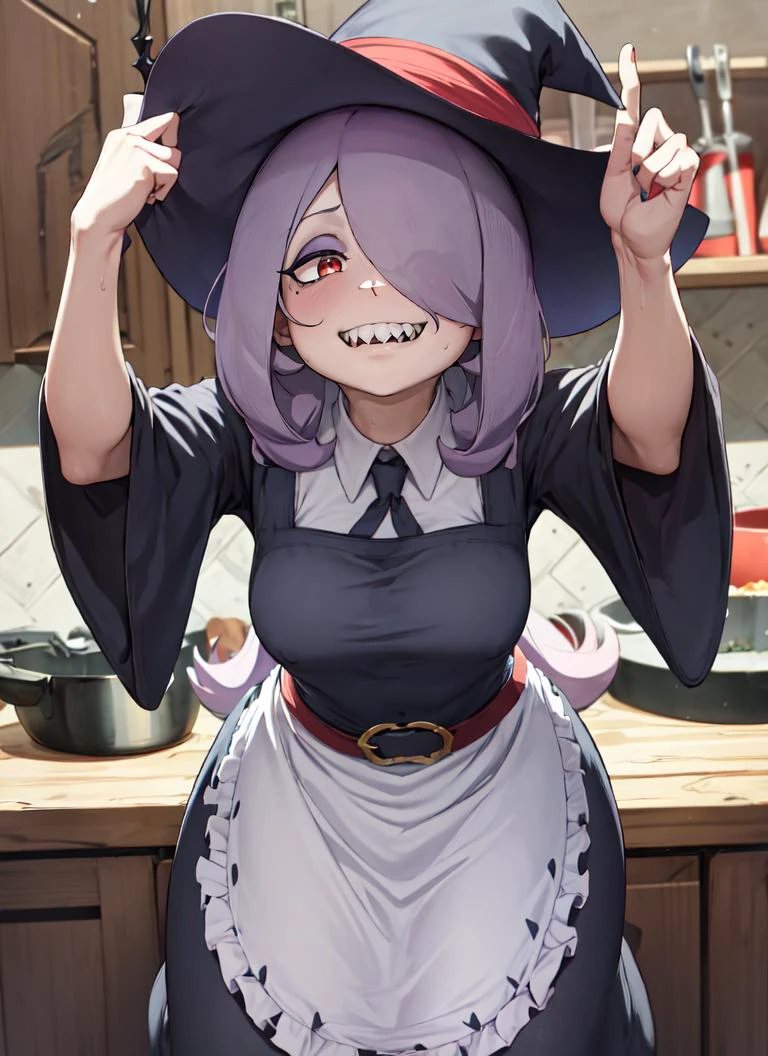 ((best quality)), ((highly detailed)), masterpiece, absurdres, extremely detailed face, beautiful face, (detailed eyes, deep eyes), (1girl), <lora:fromBelowPOV_v1:1>, from_below, foreshortening, looking at viewer, full body, <lora:sucyManbavaranLORA_sewsyFinal:1>, sucy, sucy_manbavaran, purple hair, long hair, hair over one eye, red eyes, makeup, (eyeshadow), medium breasts, <lora:Better Sharp Teeth 3:1>, (sharp teeth), smirk, witch hat, Luna Nova Uniform, maxi dress, wide sleeves, red belt, (inside, at a kitchen, apron, preparing food), <lora:Abmayo_v2:.9>