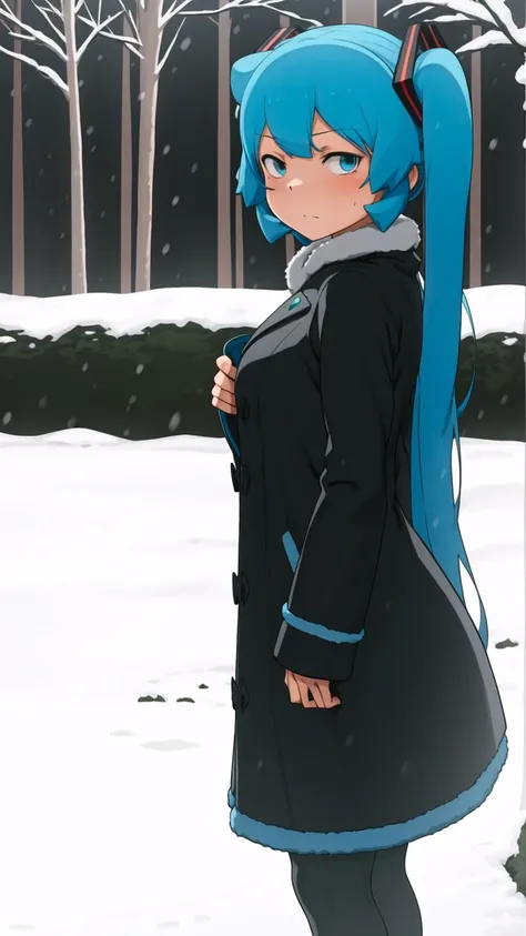 (masterpiece, best quality:1.1), 1girl, solo, Hatsune Miku, twintales, very long hair, serious, winter coat, cute, looking at viewer, standing, outdoors, snowy park, day