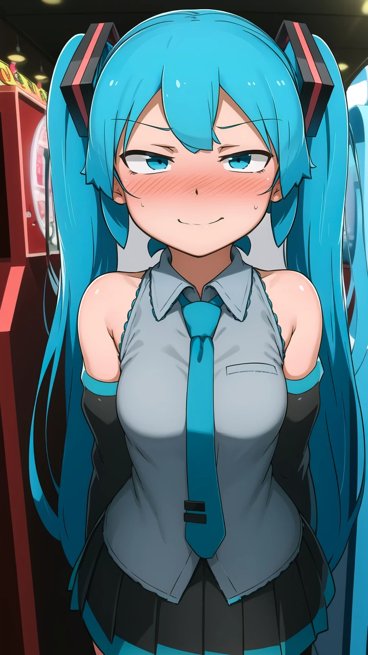 (masterpiece, best quality:1.2), (1girl:1.12), Hatsune Miku, twintales, very long hair, surprised, grey shirt, skirt, detached sleeves, necktie, cute, looking at viewer, standing, indoors, arcade, day, playing a claw machine, (blush:1.06), (embarrassed, half-closed eyes, smirk:1.06), solo, blue hair, hard