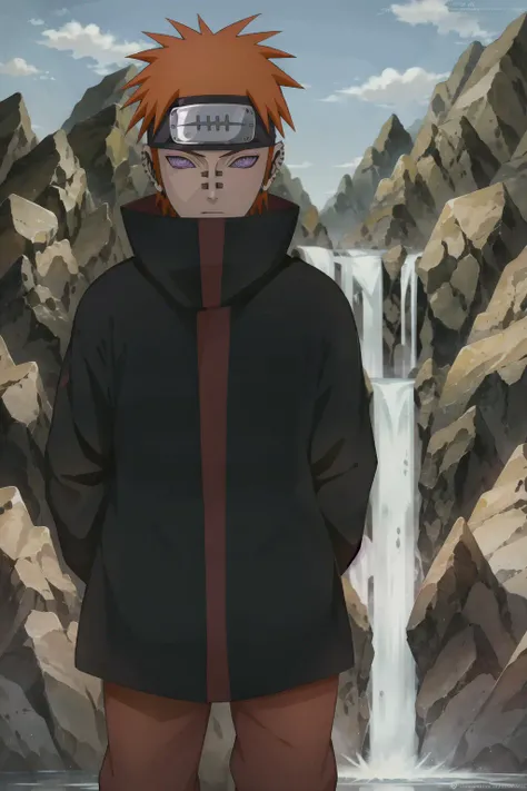 best quality, high resolution, pain, looking at the viewer, akatsuki robe, (rinnegan eyes), detailed eyes, waterfall behind