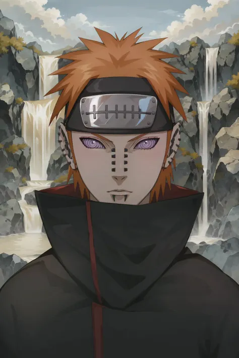 best quality, high resolution, pain, looking at the viewer, akatsuki robe, (rinnegan eyes), detailed eyes, waterfall behind