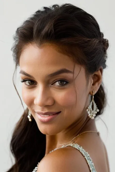<lora:tyr4b4nks:1>, Realistic photo of a beautiful tyr4b4nks woman, 1girl, solo, looking at viewer, smile, simple background, brown hair, white background, brown eyes, jewelry, earrings, lips, portrait, hand on own face, head rest, realistic, soft lighting, professional Photography, Photorealistic, detailed, RAW, analog, sharp focus, 8k, HD, DSLR, high quality, Fujifilm XT3, film grain, award winning, masterpiece