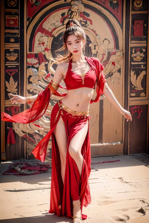 masterpiece,(best quality:1.3),ultra high res,raw photo,detailed skin,beautiful lighting,(realistic, photo-realistic:1.4),
1girl,full body,dunhuang,dunhuang_background,red clothes,