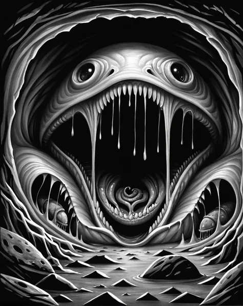 <lora:SHAMANISM:2>, high quality, high contrast, (realistic:1),
highest quality, absurdres, (sharp focus:1.2), in the style of supernatural creatures, (surrealism background:1.2), (vore, open mouths, multiple men:1.2), (iconic album covers,underground cave,alien, close-up:1.2), traditional media, ink, <lora:cfg_slider:-0.5> <lora:add-detail-xl:1>, (intertwined bodies:1.4), (lithograph, etching, dark bold outlines, monochrome:1.3), Pointillism