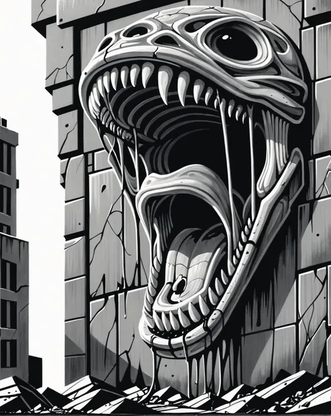 <lora:SHAMANISM:2>, high quality, high contrast, (realistic:1),
highest quality, absurdres, (sharp focus:1.2), in the style of supernatural creatures, (surrealism background:1.2), (iconic album covers,geometric maze, concrete architecture,alien, close-up:1.2), traditional media, ink, <lora:cfg_slider:-1> <lora:add-detail-xl:1>, (vore, wide open mouth, scream:0.5), (lithograph, etching, dark bold outlines, monochrome:1.3), Social Realism