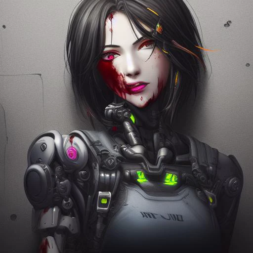 Cyberpunk girl with black gold cybernetic limbs bloodied from a recent fight but looking for more and looking at the camera delinquent expression, character artwork, cheery, mantis, cyberpunk bionics, detailed faces, dramatic lighting, cinematic, high detail, octane render, unreal engine, 8k, dark beauty, trending on artstation, cyberware style, mechanical arms, bust