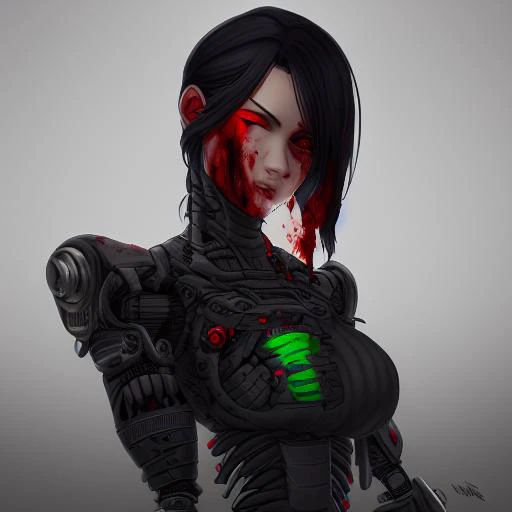 Cyberpunk girl with black gold cybernetic limbs bloodied from a recent fight but looking for more and looking at the camera delinquent expression, character artwork, cheery, mantis, cyberpunk bionics, detailed faces, dramatic lighting, cinematic, high detail, octane render, unreal engine, 8k, dark beauty, trending on artstation, cyberware style, mechanical arms, bust,