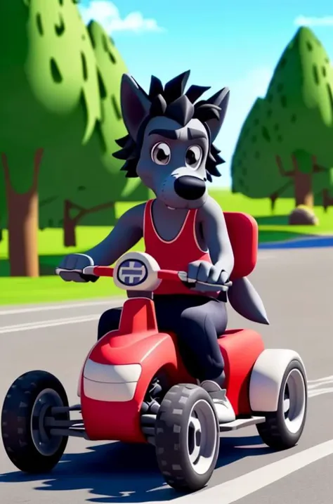 NuPogodiNewWolf, (outdoors, driving, driving a go-kart), (tank top, watch, shoes, tail), (masterpiece:1.2), 3D, Unreal Engine Render, hires, ultra-high resolution, 8K, high quality, (sharp focus:1.2), clean, crisp, cinematic, <lora:Vlk-18:0.7>