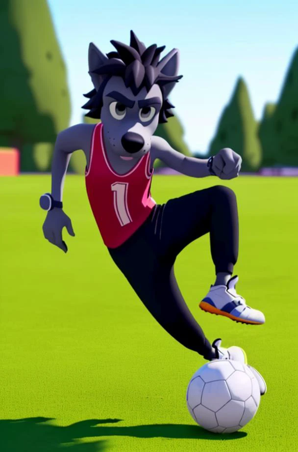 NuPogodiNewWolf, (outdoors, kicking a soccer ball), (tank top, watch, shoes, tail), (masterpiece:1.2), 3D, Unreal Engine Render, hires, ultra-high resolution, 8K, high quality, (sharp focus:1.2), clean, crisp, cinematic, <lora:Vlk-18:0.7>