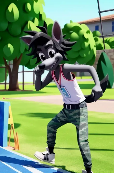 NuPogodiNewWolf, (chest tuft, camo pants, white undershirt, dog tags, tail, teeth), (outdoor, obstacle course), (masterpiece:1.2),3D, Unreal Engine Render,  hires, ultra-high resolution, 8K, high quality, (sharp focus:1.2), clean, crisp, cinematic, <lora:Vlk-v1:0.7>