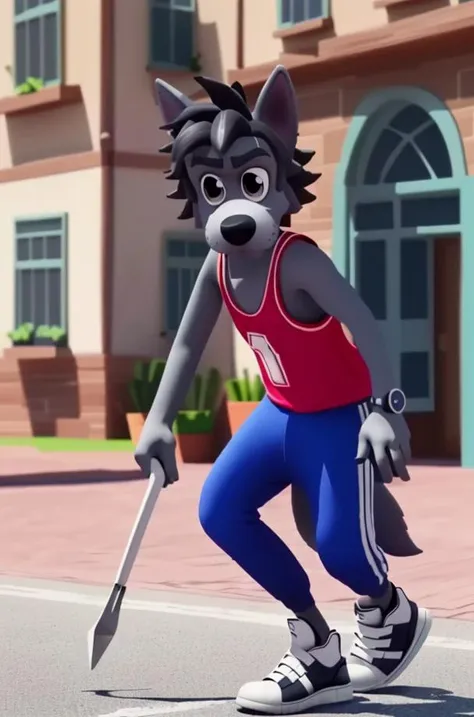 NuPogodiNewWolf, (tank top, watch, shoes), (masterpiece:1.2), hires, ultra-high resolution, 8K, high quality, (sharp focus:1.2), clean, crisp, cinematic, <lora:Vlk-18:0.7>