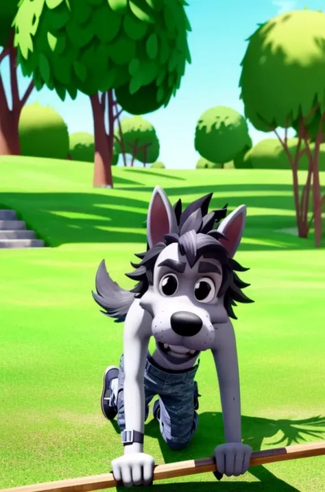 NuPogodiNewWolf, (chest tuft, camo pants, white undershirt, dog tags, tail, teeth), (outdoor, obstacle course, crawling through mud), (masterpiece:1.2),3D, Unreal Engine Render,  hires, ultra-high resolution, 8K, high quality, (sharp focus:1.2), clean, crisp, cinematic, <lora:Vlk-v1:0.7>