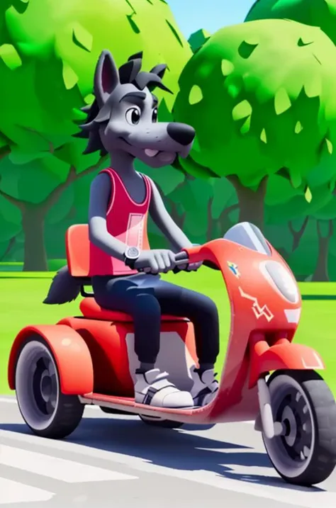 NuPogodiNewWolf, (outdoors, driving, driving a go-kart), (tank top, watch, shoes, tail), (masterpiece:1.2), 3D, Unreal Engine Render, hires, ultra-high resolution, 8K, high quality, (sharp focus:1.2), clean, crisp, cinematic, <lora:Vlk-18:0.7>