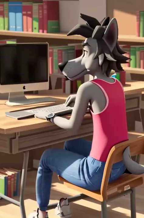 NuPogodiNewWolf, (sitting, computer desk, using computer), (interior, library), (tank top, watch, shoes), (masterpiece:1.2), 3D, Unreal Engine Render, hires, ultra-high resolution, 8K, high quality, (sharp focus:1.2), clean, crisp, cinematic, <lora:Vlk-18:0.7>