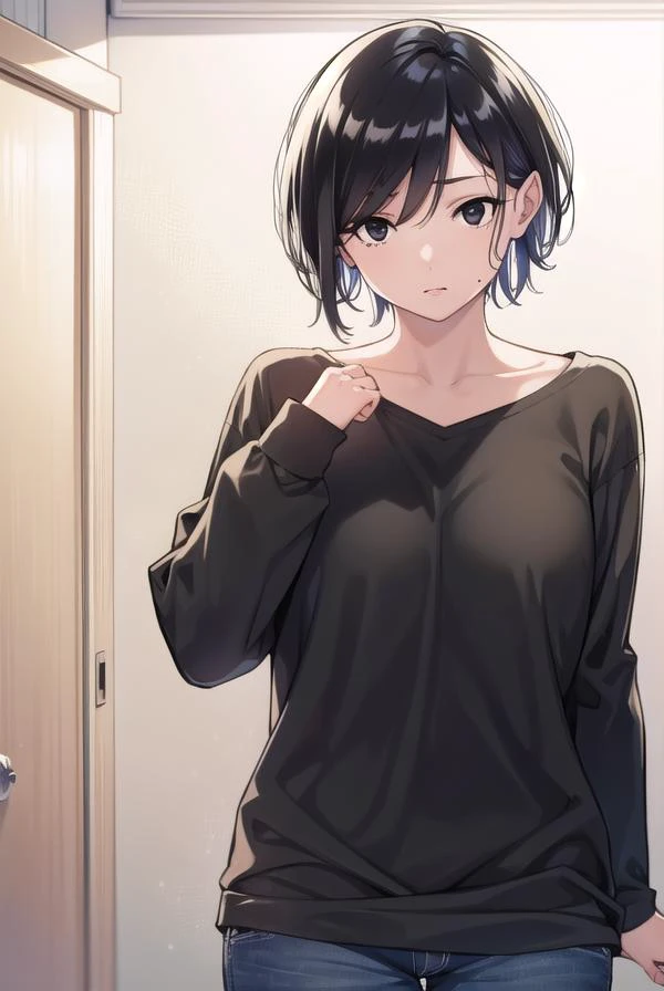 shinoneechan, <lyco:shinoneechan-lyco-nochekaiser:1>,
shino neechan, short hair, bangs, black hair, (black eyes:1.5), mole, mole under mouth, mature female,
BREAK shirt, long sleeves, purple shirt, shorts,
BREAK indoors,
BREAK looking at viewer, (cowboy shot:1.5),
BREAK <lyco:GoodHands-beta2:1>, (masterpiece:1.2), best quality, high resolution, unity 8k wallpaper, (illustration:0.8), (beautiful detailed eyes:1.6), extremely detailed face, perfect lighting, extremely detailed CG, (perfect hands, perfect anatomy),