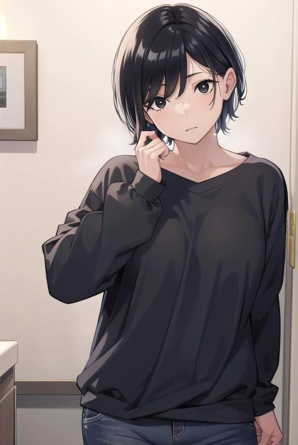 shinoneechan, <lyco:shinoneechan-lyco-nochekaiser:1>,
shino neechan, short hair, bangs, black hair, (black eyes:1.5), mole, mole under mouth, mature female,
BREAK shirt, long sleeves, purple shirt, shorts,
BREAK indoors,
BREAK looking at viewer, (cowboy shot:1.5),
BREAK <lyco:GoodHands-beta2:1>, (masterpiece:1.2), best quality, high resolution, unity 8k wallpaper, (illustration:0.8), (beautiful detailed eyes:1.6), extremely detailed face, perfect lighting, extremely detailed CG, (perfect hands, perfect anatomy),