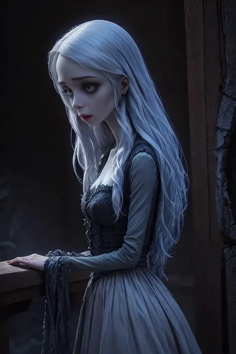 Forest night view, a girl with white hair and a dark background, eerie and mysterious,po_hs,<lora:zombie bride-000010:0.35>