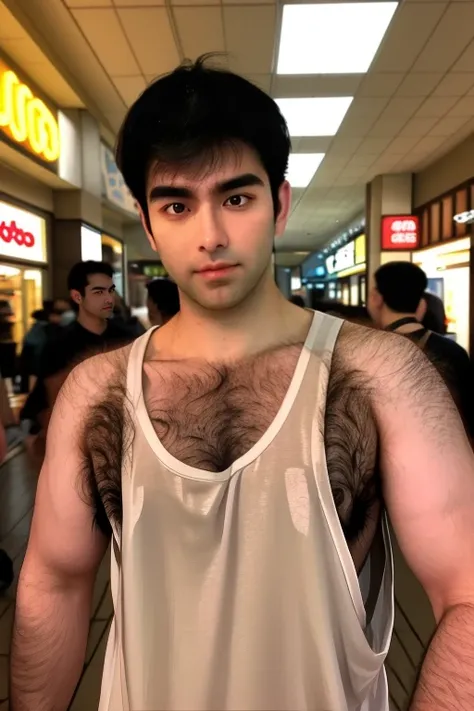 (ahirsute:1.2), hairy, solo, looking at viewer, medium hair, black hair, 1boy, upper body, male focus, (muscular), muscular male, realistic, asian, young, stubble, (chest hair), arm hair, veiny, tank top shirt, extreme low-cut dropped side holes, bright lighting, high quality, 4k, mall background