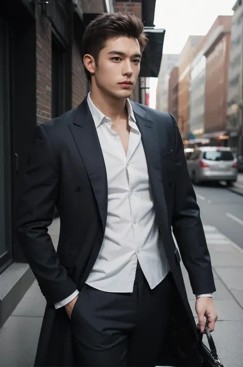 handsome male,big muscle,(suit:1.1), coat,photography,dutch angle,outdoor
