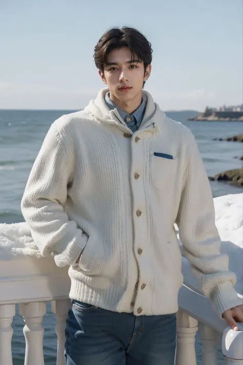 handsome male,big muscle,crew cut,soft light <lora:Winter:0.7> dark academia,outfits,winter,seaside