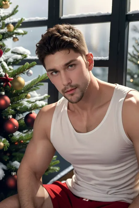 chris evans in christmas themed boxershorts, laying in snow, looking submissive and breedable, massive bulge