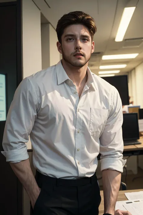 ramirolozano person, blonde hair, ginger mature man, night time, white shirt, business suit, big bare shoulders, muscular guy, facial hair, beard, sharp focus, 1boy, extra wide-range, look looking at viewer, office, at work, <lora:ramirolozano_12210:1>, neon lighting, (masterpiece, best quality:1.5)