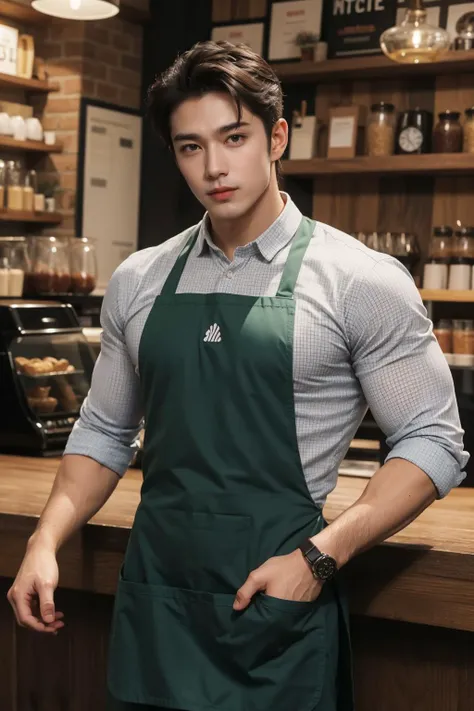 ((Men only)), (cowboy Shot), (Handsome muscular man in pink Apron in the kitchen), Mischievous smile, (detaile: 1 in 1), Natural muscles, HIG quality, beautidful eyes, (Detailed face and eyes), (Face、: 1 / 2), Noise, Real Photographics、... ....................................................................................PSD, Sharp Focus, High resolution 8K, realisitic & Professional Photography, 8K UHD, Soft lighting, High quality, Film grain, FujifilmXT3