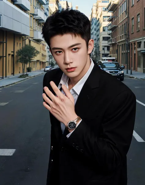 <lora:betaboy:0.3>,<lora:menhard:0.2>, <lora:asianmale_v10:0.3>, 1boy, (one handsome young man), (short black hair:1.5), (head turned, looking at viewer:1.5), 
(<lyco:GoodHands-beta2:1>,perfect hands, five fingers:1.5),
standing on street, (background of street, buildings, cars:1.5),
suit, tie, dress shirt, pants,
(hand in front of chest:1.3),
<lora:emotion_happy_slider_v1:-1>,
best quality,masterpiece,ultra highres,photorealistic,realistic,