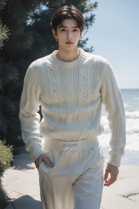 handsome male,big muscle,crew cut,soft light <lora:Winter:0.7> dark academia,outfits,winter,seaside