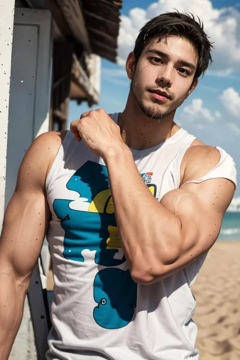 <lora:COLT_Style:0.8> (colth:0.8), man wearing a tank top and jeans, torn clothes, flexing, at the beac