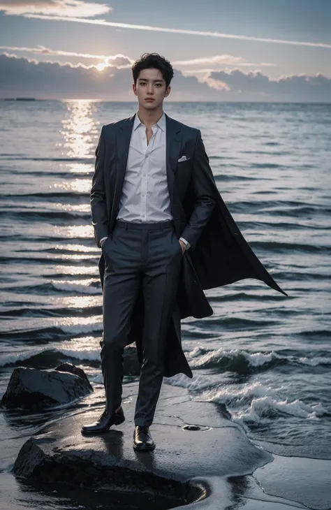 handsome male, suit, overcoat, cape, pants, (standing on cliff), background of ocean and sky, black boots, hands in pockets, solo, male focus, 1boy, (good body porportions:1.5)