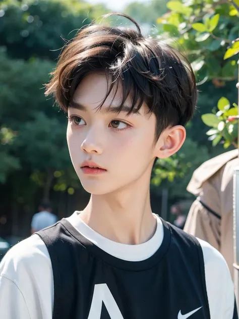 1boy with round face,(differential crushed cap hairstyle),black shorts,nike white socks,small white shoes,white blue t-shirt,(round face),chibi,(:1.3),skinny,(bangs),chinese,nike \(0306\),university student,(broken hair),perm,wisdom,face shape: round face,upper body,Best Quality,Masterpiece,Ultra High Resolution,(Realisticity:1.4),Original Photo,1boy,<lora:muscle_slider_v1:-1.4>,