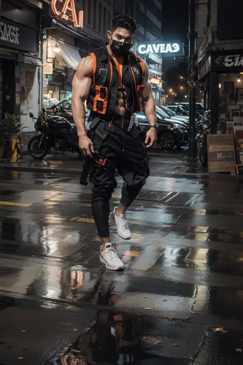 1 boy, Toji Fushiguro, muscular physique, black compression shirt, white baggy pants, walking the streets of Shibuya.