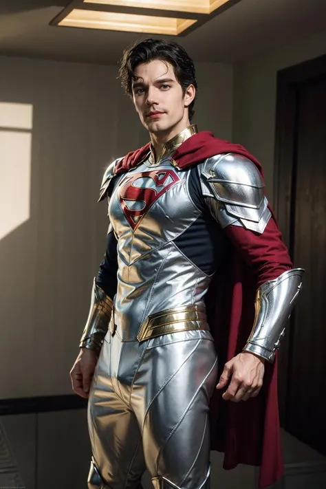(male:1.4), ginger man, blue eyes, stubble, full beard, facial hair, tight smile, eyesglass wide shoulder, big shoulder, masculine, muscular, sunburnt, masterpiece, best quality, highres, photorealistic, henrycavill person, (masterpiece, best quality_1.5), <lora:henrycavill_30030:1>, wear white silver superman suit, full body, golden armor, dynamic pose,