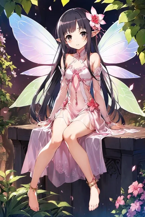 (black hair:1.2),(Odango Hair:1.3),(With bangs:1.25),(straight hair:1.1),(red eyes:1.4),(Eye size:1.5),(Accessories with flower motifs:1.3),(One piece made of smooth material:1.3),(sheer sleeve:1.35),(White corset:1.25),(asymmetric hem skirt:1.4),(fluffy pants 1.35),(gladiator shoes:1.25),(Background full of blooming flowers:1.5),(blush),(cute smile:1.3),(small breasts:1.6),(close up of face:1.25),(elf ears:1.2),(transparent wings like a fairy:1.4),(Night sky with extra large full moon:1.25),(Graceful dance:1.6),