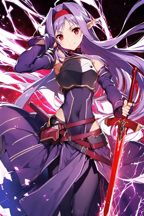 1girl, yuuki (sao), long hair, red eyes, ahoge, purple hair, white background, solo, smile, holding, gloves, detached sleeves, weapon, very long hair, hairband, breastplate, sword, simple background, leotard, armor, looking at viewer, pointy ears, skirt, fingerless gloves, red hairband, glowing, holding weapon, purple skirt, holding sword, long sleeves, purple sleeves, floating hair, glowing weapon, purple leotard, glowing sword, purple gloves, unsheathed, bare shoulders, long skirt, hair intakes, standing, covered navel, bare hips, closed mouth, energy, headband,highleg leotard, <lora:abec_XL:0.8>