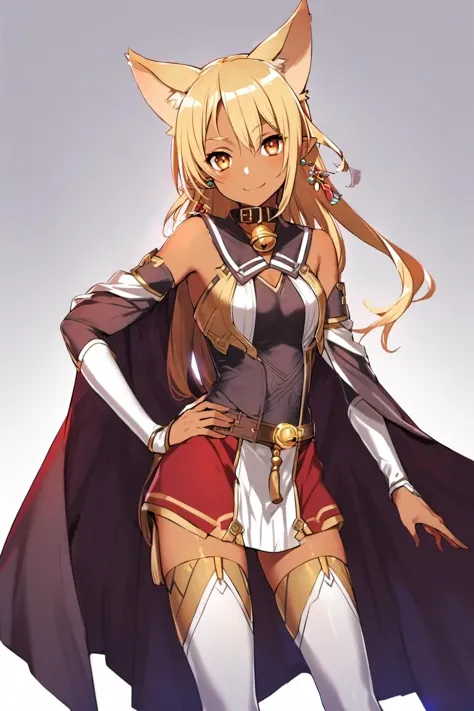 T
draw in anime style in full growth on a white background: a tall woman with blond hair, split bangs in 2 sides, and a 1 high ponytail. She wears a black tank top with gold detailing, and on top of the tank top is a white long cape with wide sleeves with black, white and red peacock feather detailing. She is also wearing black wide pants and black shoes. She also has a hairpin with a black, white and red peacock feather on her head. Her eyes are red and not big. She also has gold accessories on her head. Make her expression serious or in a dynamic pose