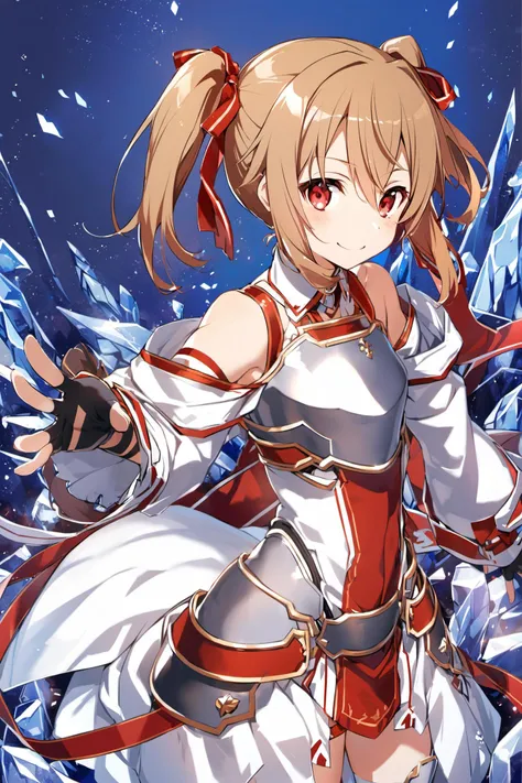 silica, One girl, Brown Hair, Medium Hair,Twin tails, armor, Red eyes, gloves, breastplate, short Twin tails, fingerless gloves, shoulder, off shoulder, smile, ribbon, ice , hair ribbon, red ribbon, alone, 