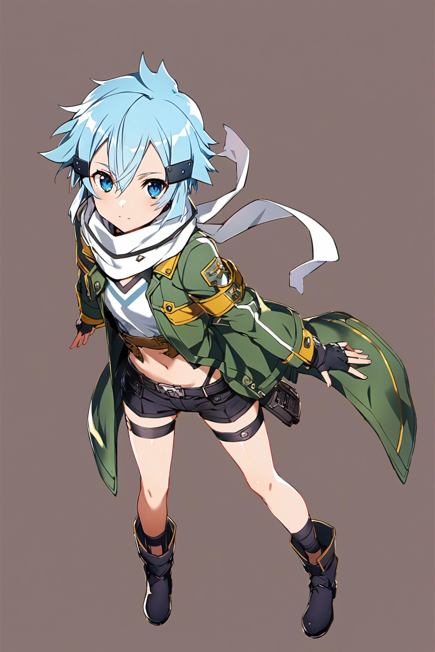 A cartoon image of a woman with blue hair and a green coat - SeaArt AI